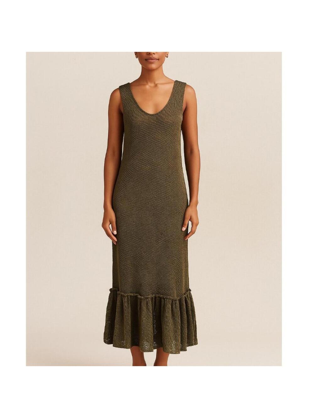 SKIF / SKIFO Olive Green Cotton Hemp Sleeveless Knit Midi to Maxi Dress S/M $222